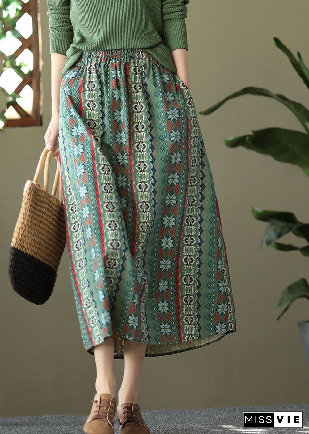 Green Pockets Print Linen Skirts High Waist Summer