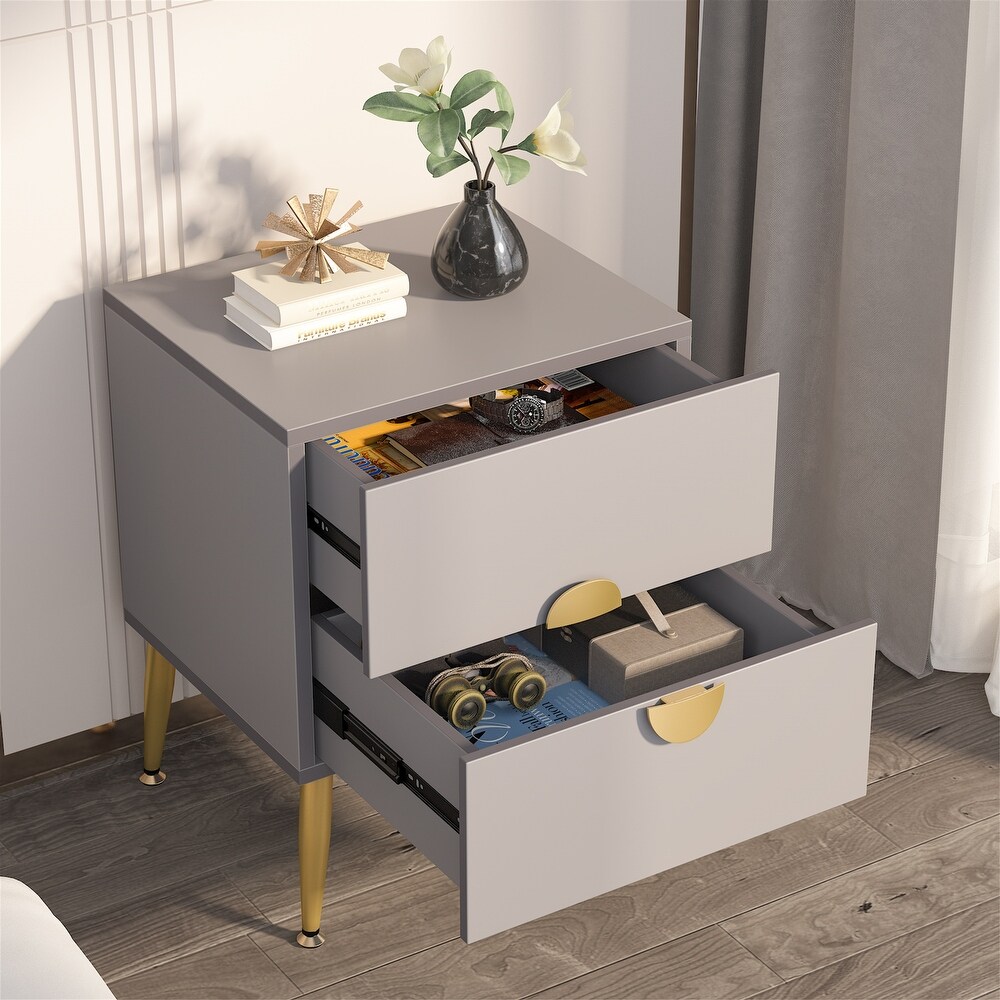 Dark Grey Wood Modern Nightstand with 2 Drawers  White/ Gold Mid century Contemporary Bedside Table with Storage