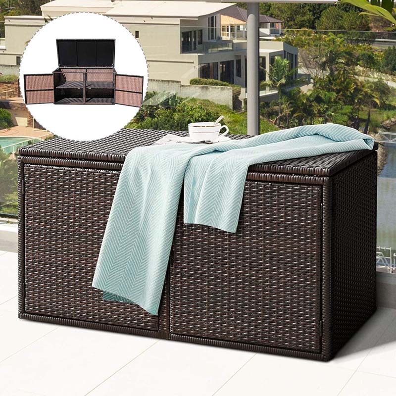 88 Gallon Patio Wicker Storage Box Rattan Deck Bench with Openable Door