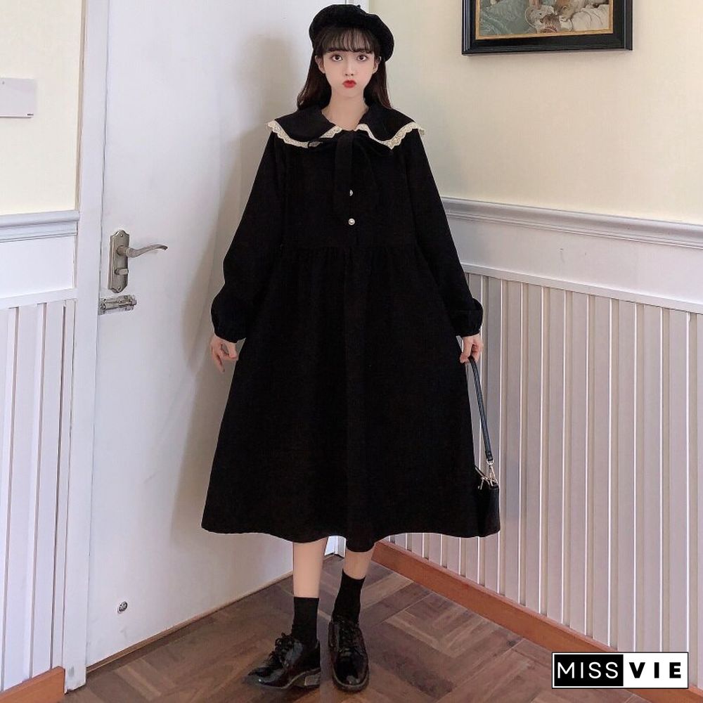 Japanese Doll Collar Loose Lolita Thin Retro Niche French Corduroy Long Sleeve Dress Female Autumn And Winter New Style