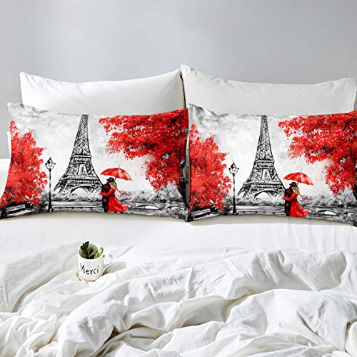 Erosebridal Eiffel Tower Duvet Cover Bedding Set Maple Leaf Decor Comforter Cover Set Soft Microfiber Quilt Set with Zipper Ties