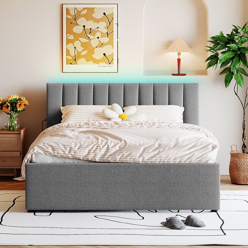 Teddy Fleece Full/Queen Size Upholstered Platform Bed with Trundle  Smart LED Bed Frame with Headboard and Wooden Slats Support