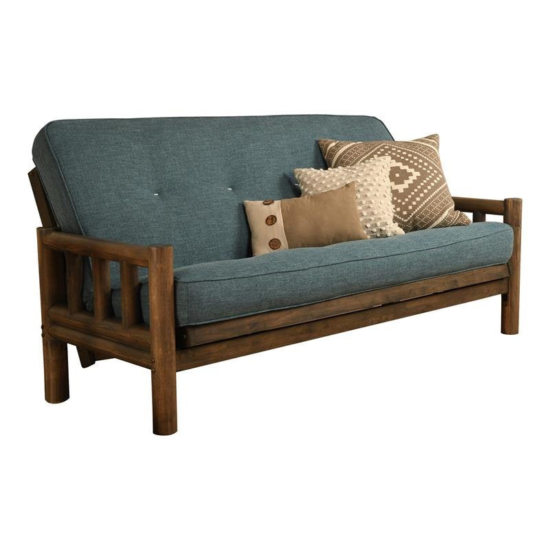 Pemberly Row Futon with Linen Fabric Mattress in Walnut and Aqua Blue