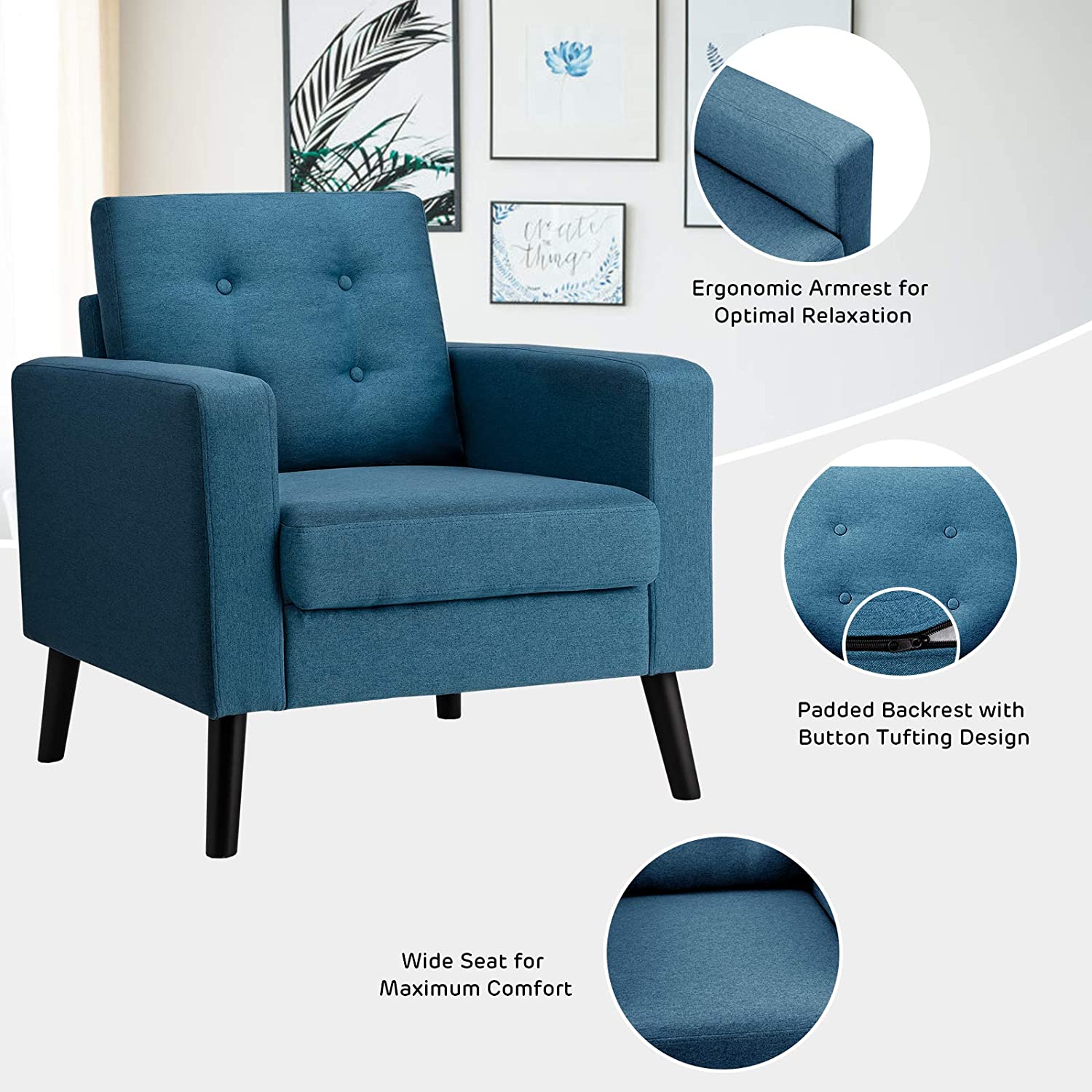 Giantex Modern Accent Chair, Mid-Century Upholstered Armchair Club Chair