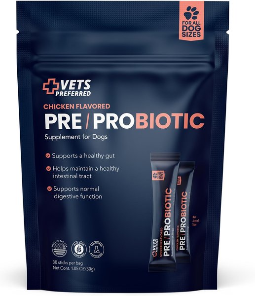 Vets Preferred Pre/Probiotic Chicken Flavored Powder Digestive Supplement for Dogs， 30 count