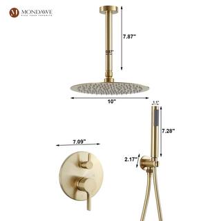 Mondawe Round 1-Spray Patterns Balance Valve Shower Faucets Set with 2.5 GPM 10 in. Ceiling Mount Dual Shower Heads in PVD Gold AM-S133AC-10BG