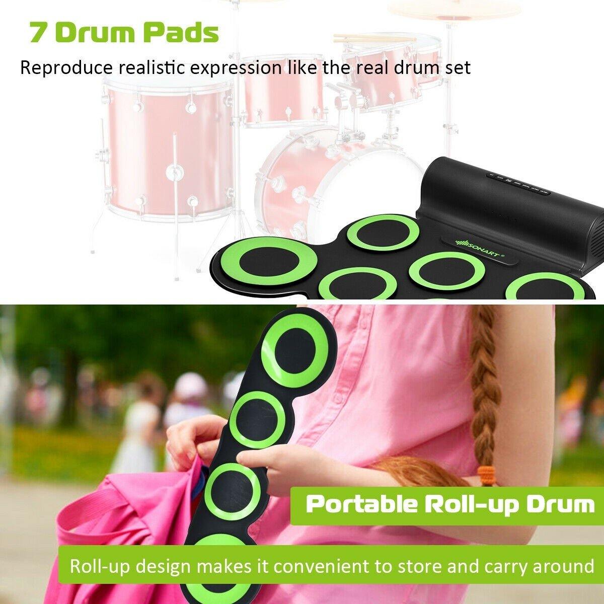 Costzon 7 Pads Electronic Drum Set, Portable Roll up MIDI Drum Practice Pad w/ Headphone (Green + Black)