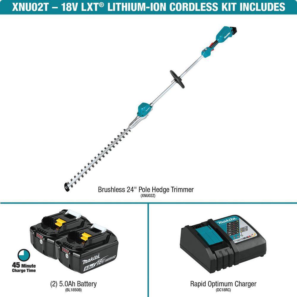 Makita 18V LXT Brushless 24 in. Pole Hedge Trimmer Kit (5.0 Ah) with bonus 18V LXT Lithium-Ion High Capacity Battery Pack 5.0Ah XNU02T-BL1850B