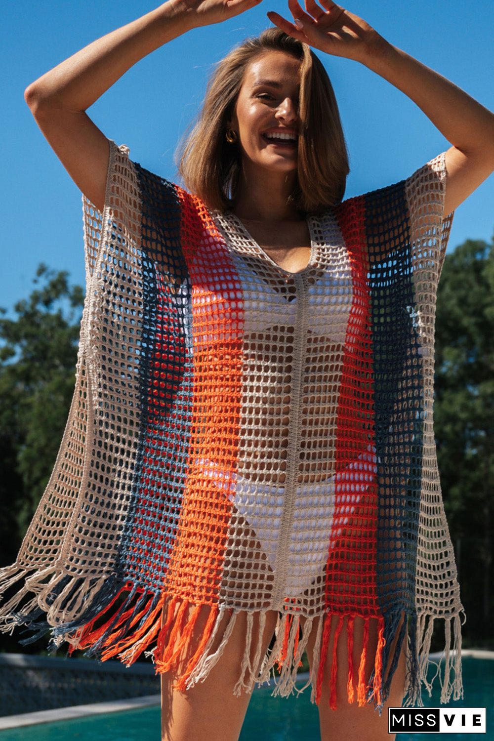 Multicolor Striped Tassel Crochet V Neck Beach Cover Up