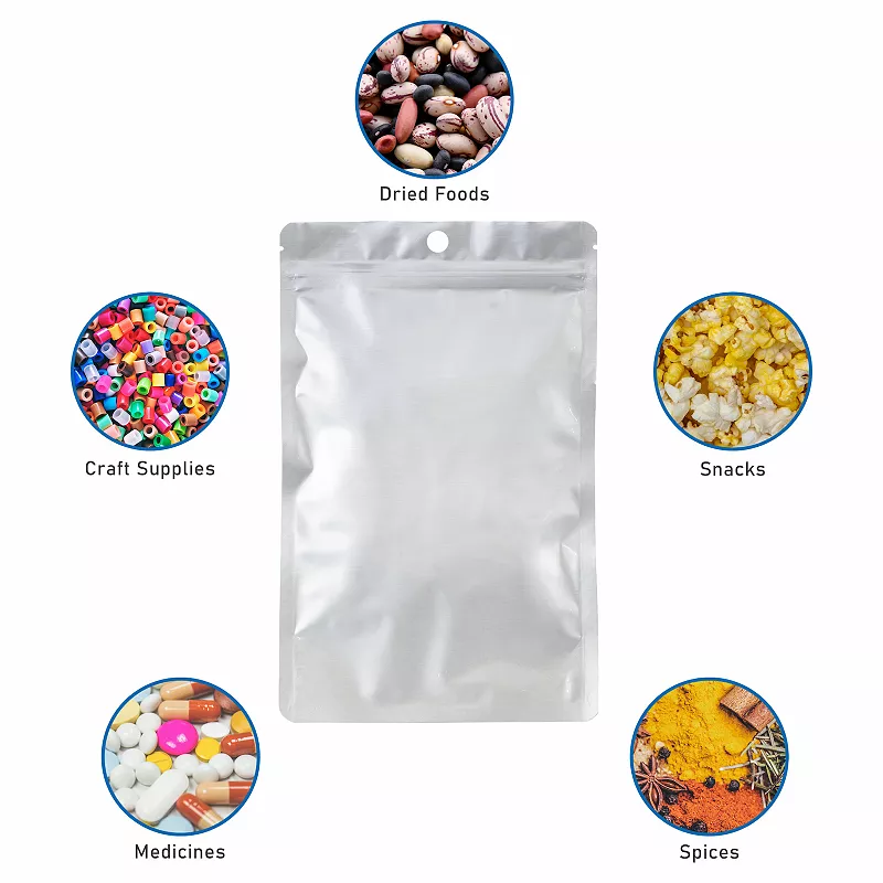 Stand Up Pouches， Resealable Food Storage Bags， Zipper Closure， Multiple sizes with Hang Hole， 100 pcs， 5 x 8