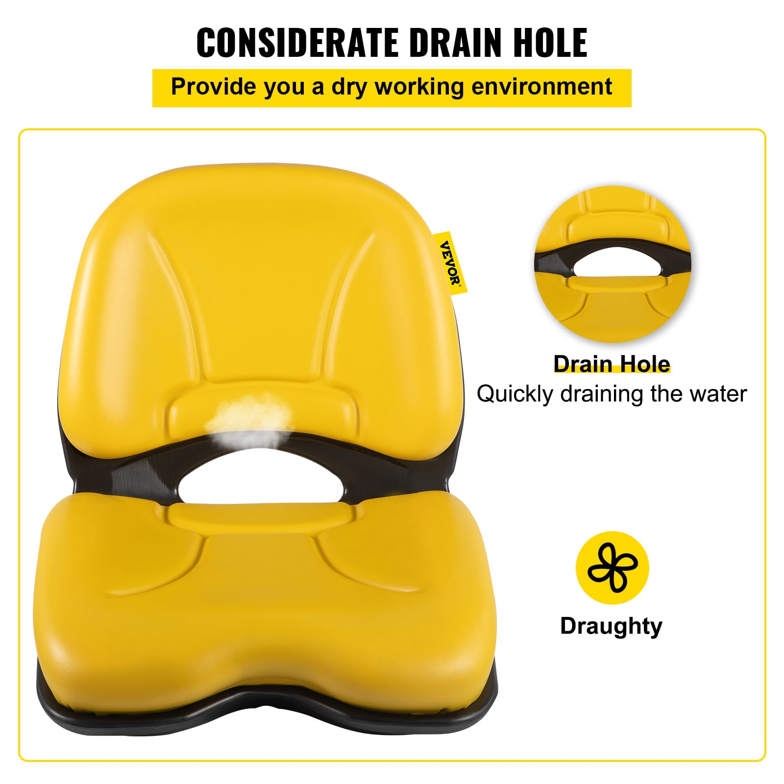 VEVOR Universal Tractor Seat， Industrial High Back， Waterproof PVC Lawn and Garden Mower Seat Replacement， Steel Frame Forklift Seat with Drain Hole， Compatible with Excavator， Mower， Forklift， Yellow