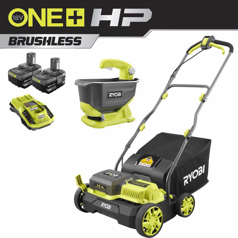 RYOBI ONE+ HP 18-Volt Brushless 14 in. Cordless Battery Cultivator Seed Spreader Two 4.0 Ah Batteries and Charger P2740-SS