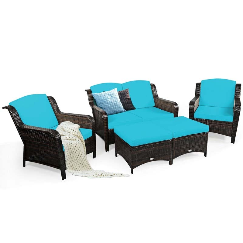 5 Pcs Rattan Wicker Patio Furniture Set with Loveseat, Single Sofas & Ottomans, Outdoor Conversation Sets