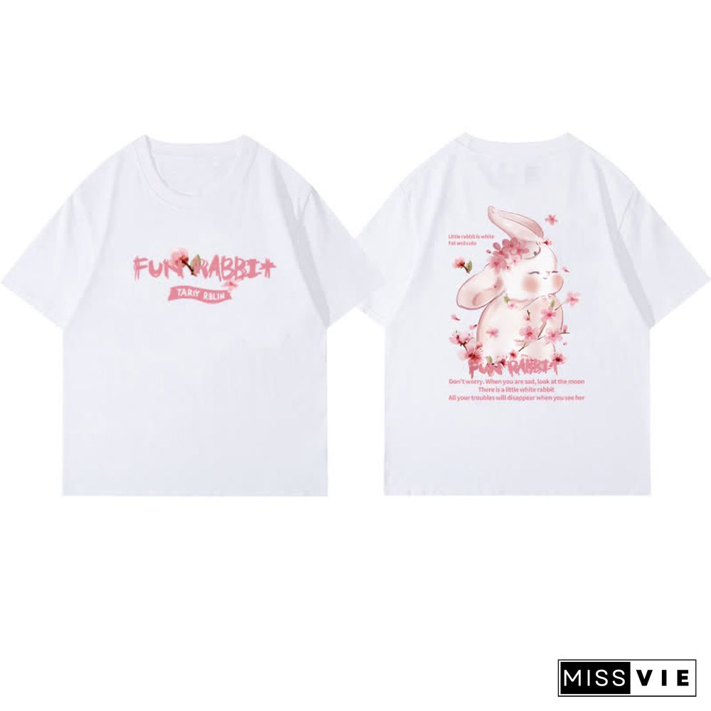 Cartoon Sakura Bunny Letter Print Round Collar T-Shirt