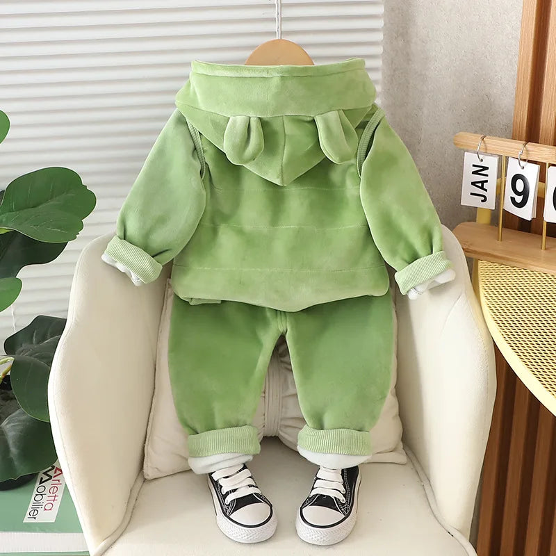 Children Fashion Cartoon Outfit Girls Bear Double-Sided Cute Velvet Padded Three-Piece Winter New Boys Warm Casual Hooded Suit