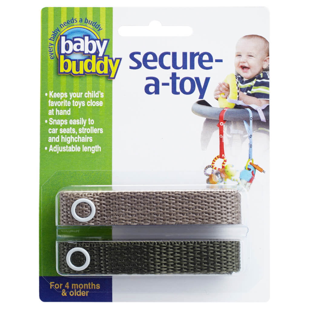 Baby Buddy Secure-A-Toy, Safety Strap Secures Toys, Teether, or Pacifier to Stroller, Highchair, Car Seat, Tan-Olive