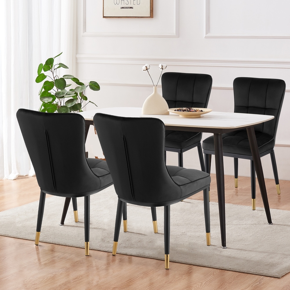 Velvet Upholstered Dining Chairs with Checked Pattern   Metal Legs