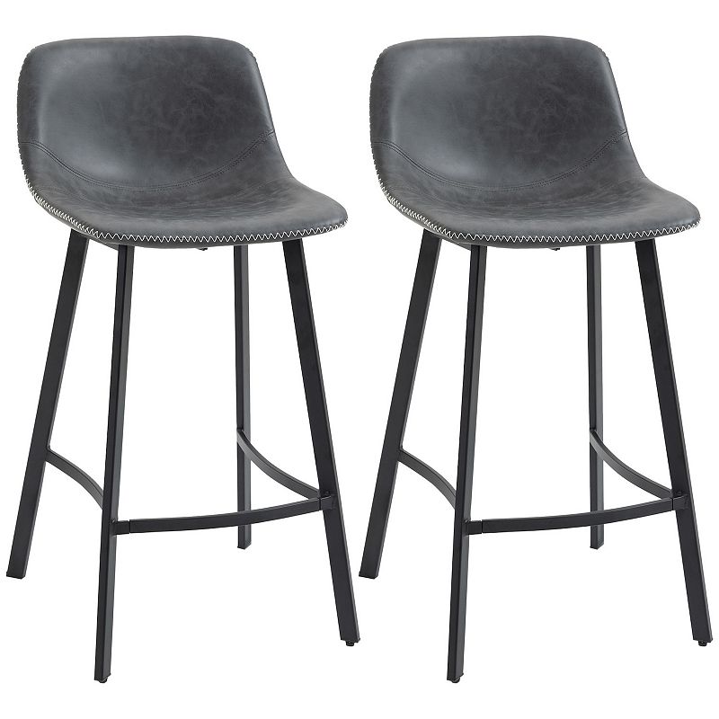 HOMCOM 27.25 Counter Height Bar Stools Set of 2， Industrial Kitchen Stools， Upholstered Armless Bar Chairs with Back， Steel Legs， Grey