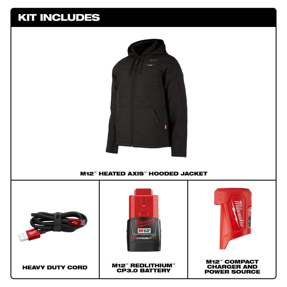 Milwaukee M12 Heated AXIS Hooded Jacket Kit Black 2X