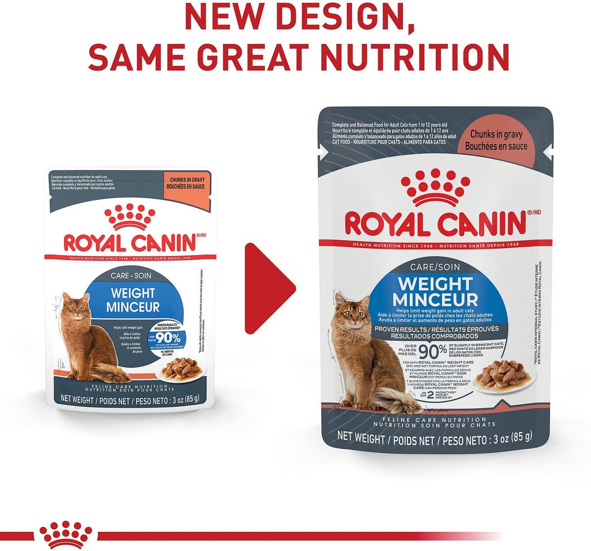 Royal Canin Feline Care Nutrition Weight Care Adult Chunks in Gravy Pouch Cat Food， 3-oz， case of 12