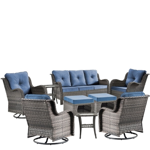 Rattan Wicker Patio Furniture Conversation Seating with 360° High Back Swivel Chairs+Storage Ottomans，Bule Cushions Included🎁