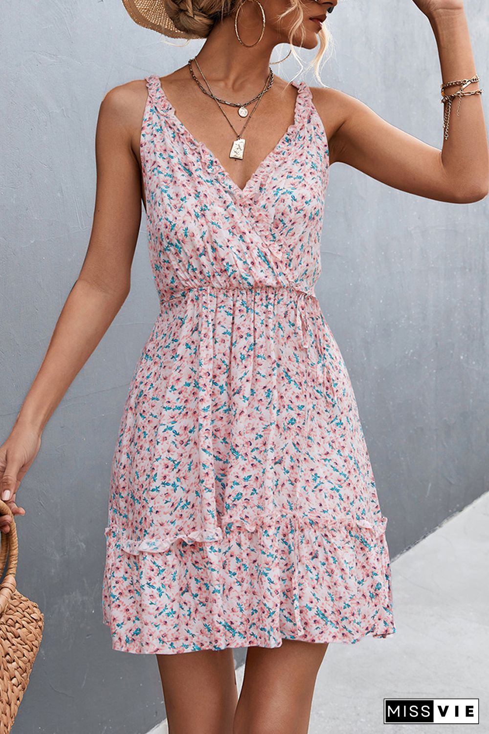 Floral Print Halter Short Dress Wholesale