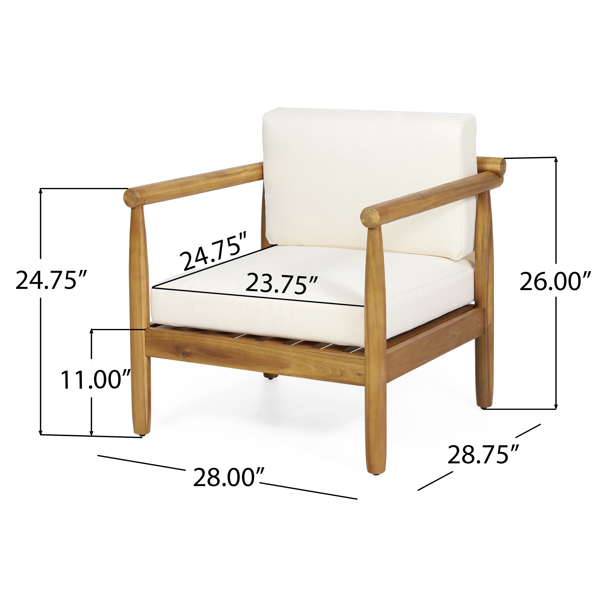 Benewah Outdoor Acacia Wood Club Chair with Cushions, Teak and Cream