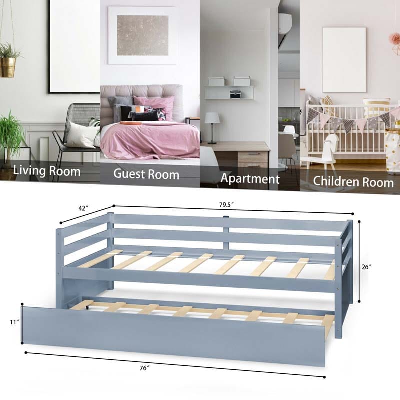 Wooden Twin Daybed with Trundle & Durable Slat Support, Standard Twin Bed Frame Sofa for Guest Children Living Room