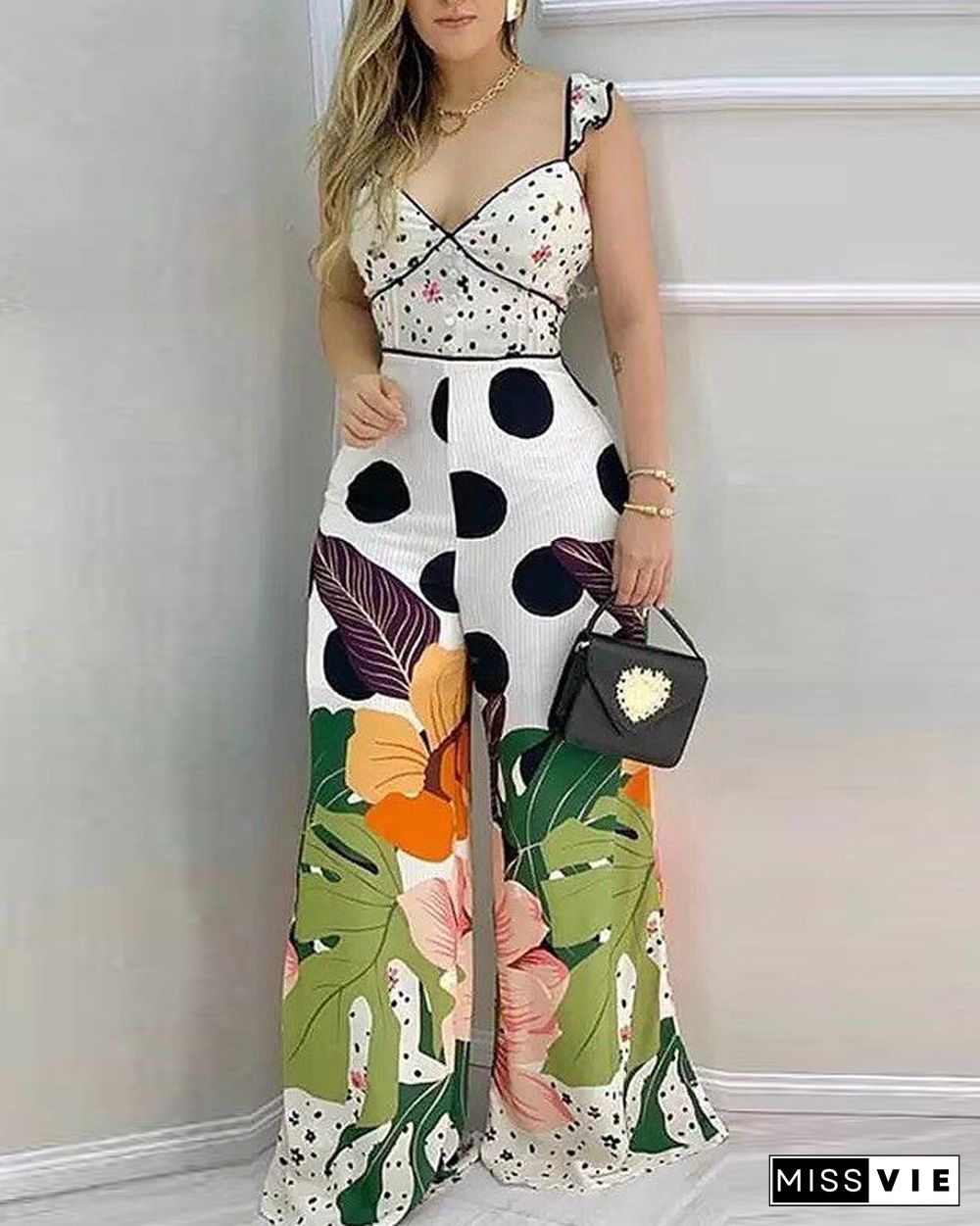 All Over Print V-Neck Backless Wide Leg Cami Jumpsuit