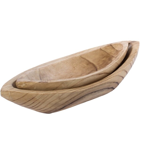 Wood Carved Boat Shaped Bowl Basket Rustic Display Tray - Set of 2