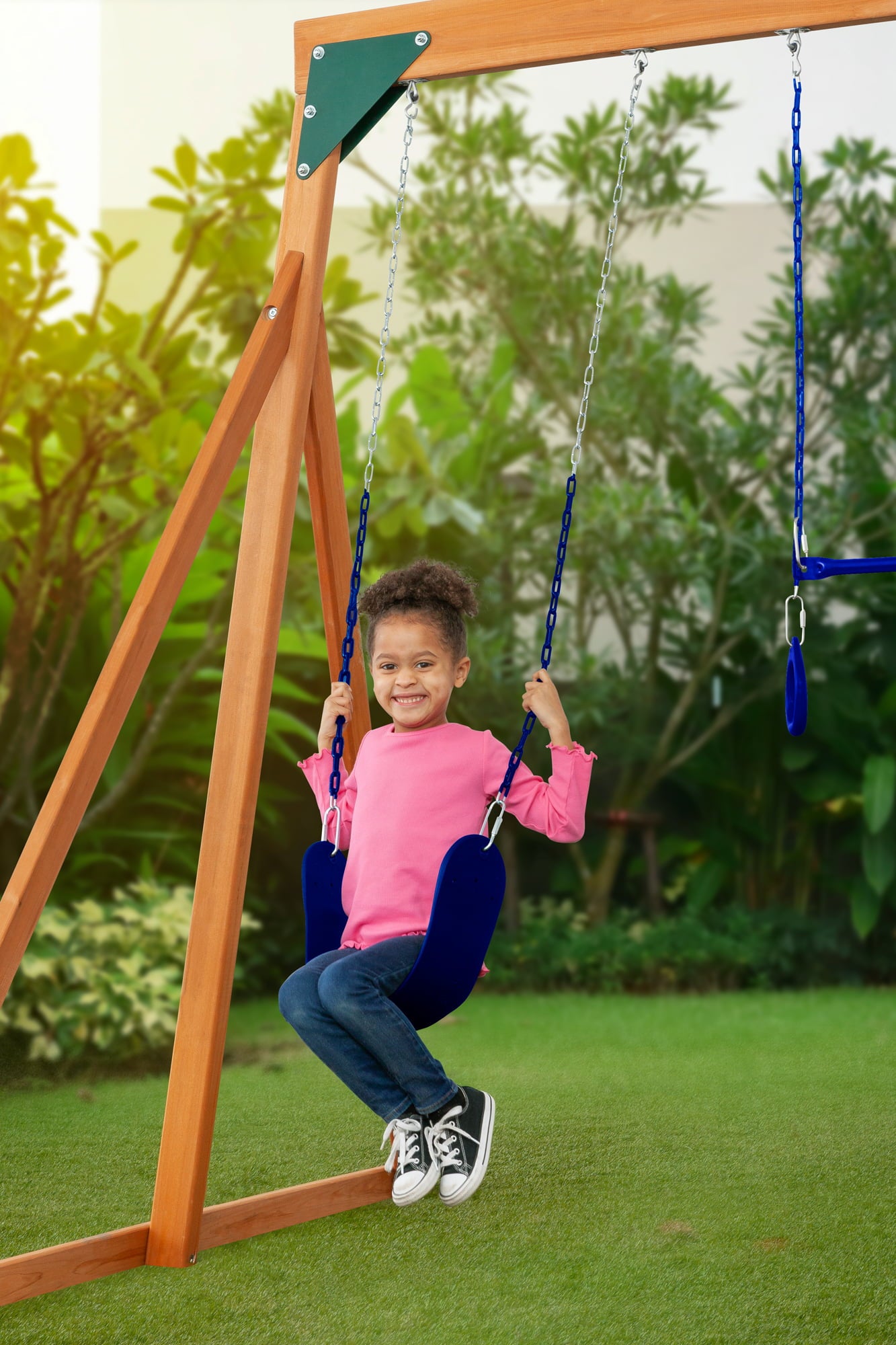 Trailside Cedar Swingset with Belt Swings and Trapeze Bar， All Wood， Hardware， and Assembly Instructions Included