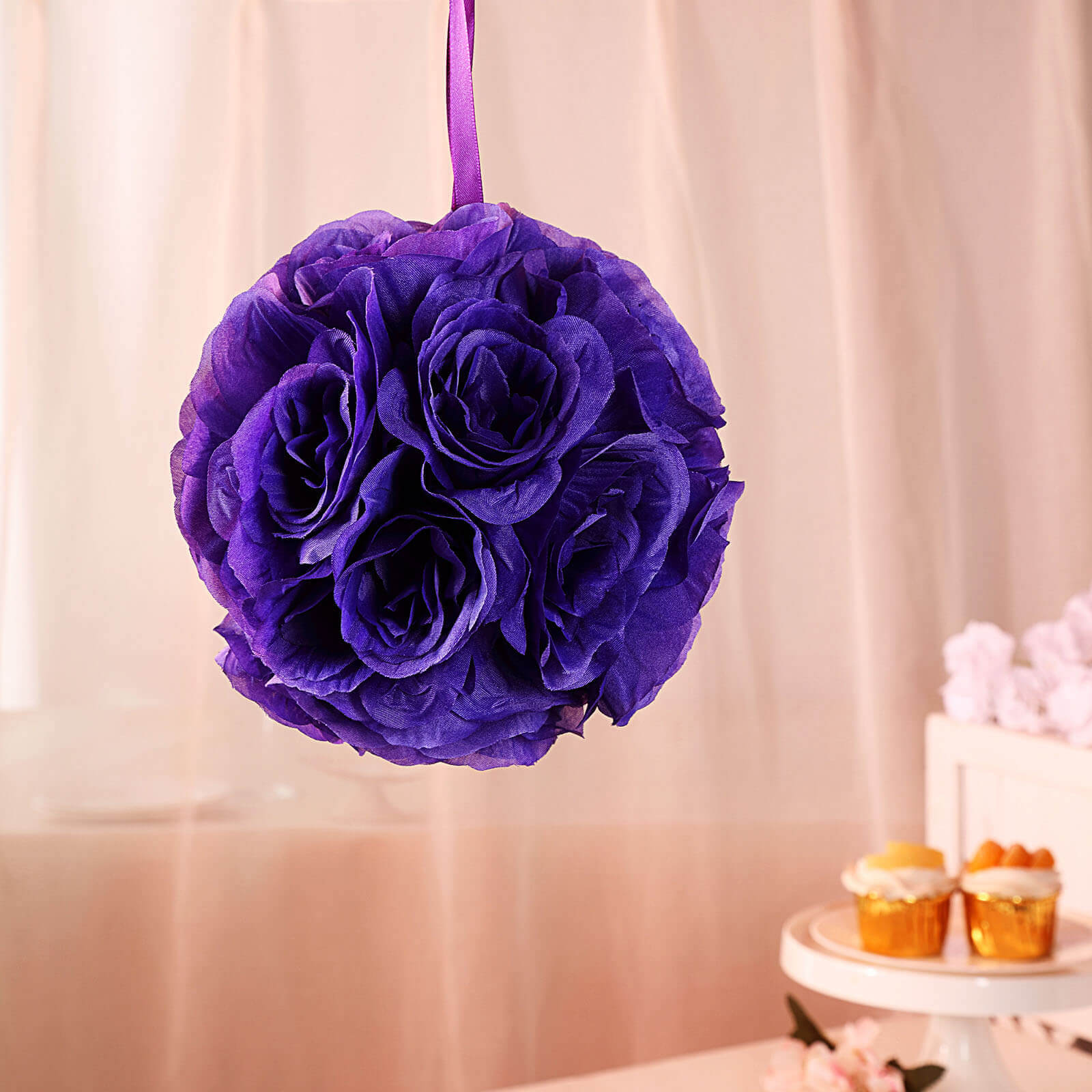 2 Pack Purple Artificial Silk Rose Kissing Ball, Faux Flower Ball 7