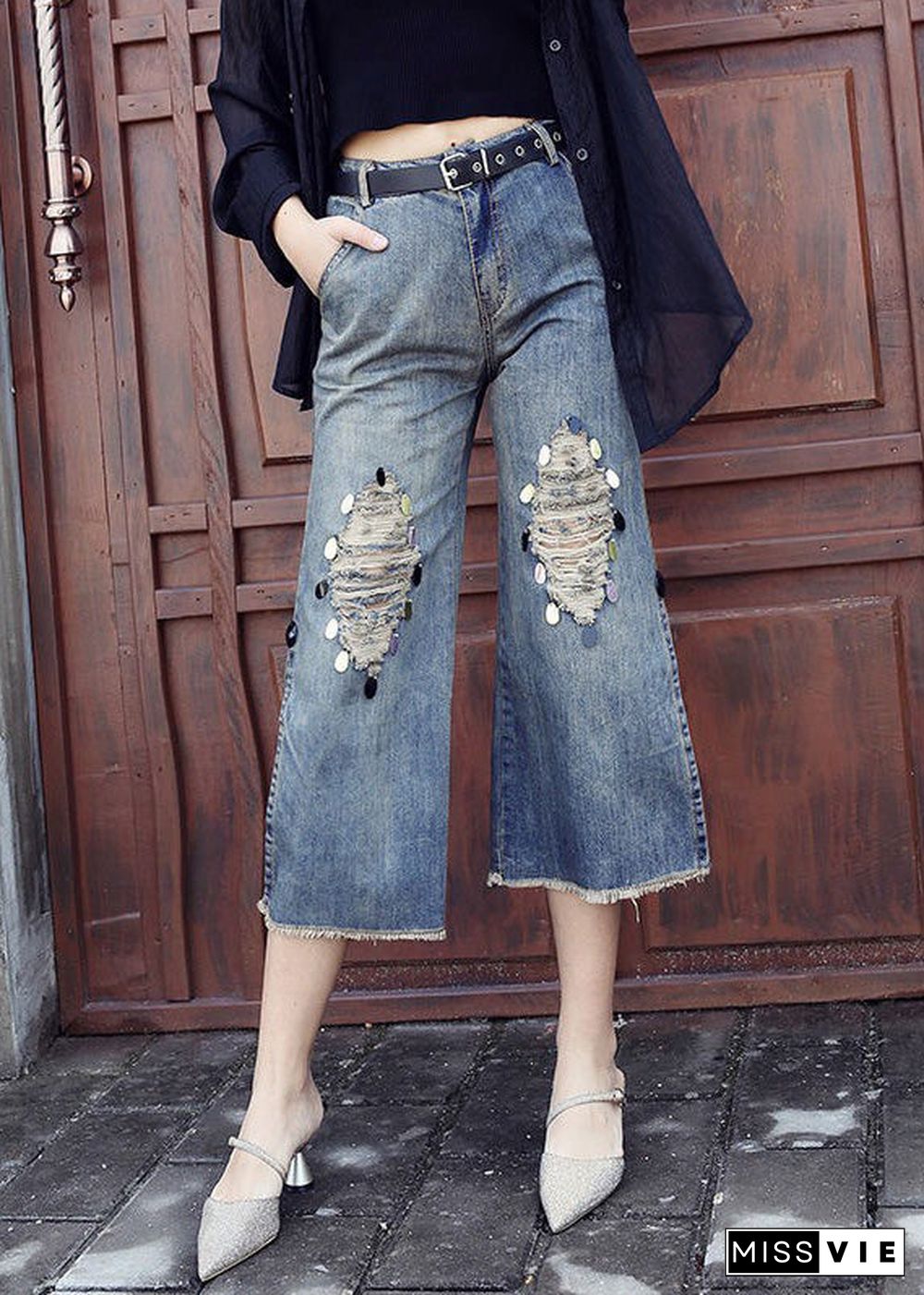 Loose Blue High Waist Sequins Patchwork Crop Ripped Jeans