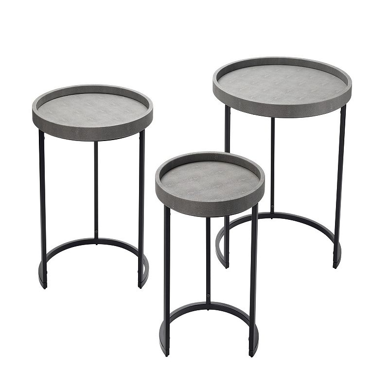 Side Table with Faux Shagreen Accent， Set of 3， Gray