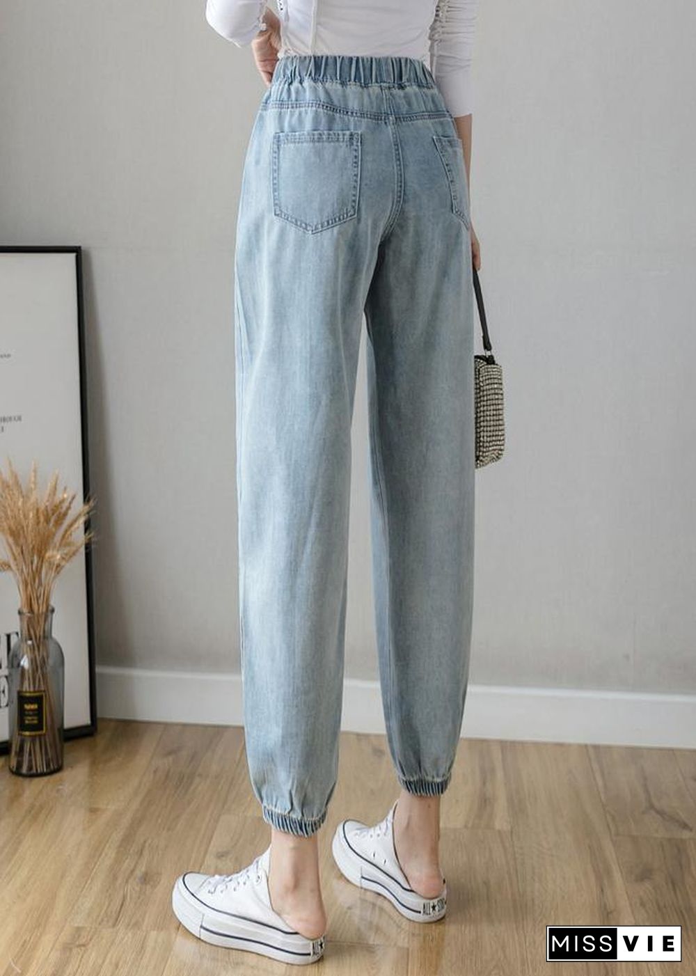 Organic Spring Casual Pants Slim Denim Blue Fashion Ideas Elastic Waist Pants