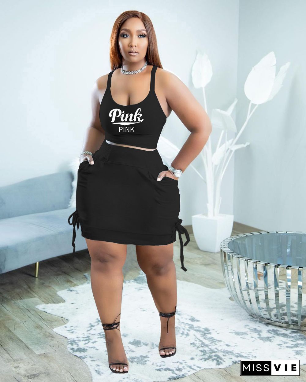 Plus Size Sleeveless Crop Top And Skirt Outfits