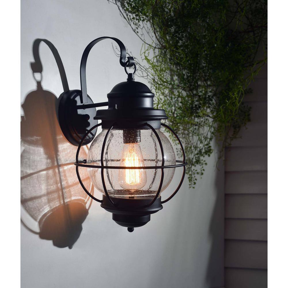 Home Decorators Collection Greer 1-Light Black Exterior Wall Lantern Sconce with Caged Seeded Glass HDP13669