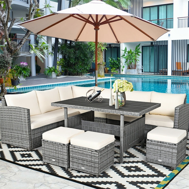 7 Pcs Rattan Patio Dining Furniture Sectional Sofa Set with Dining Table, Ottomans & Cushions