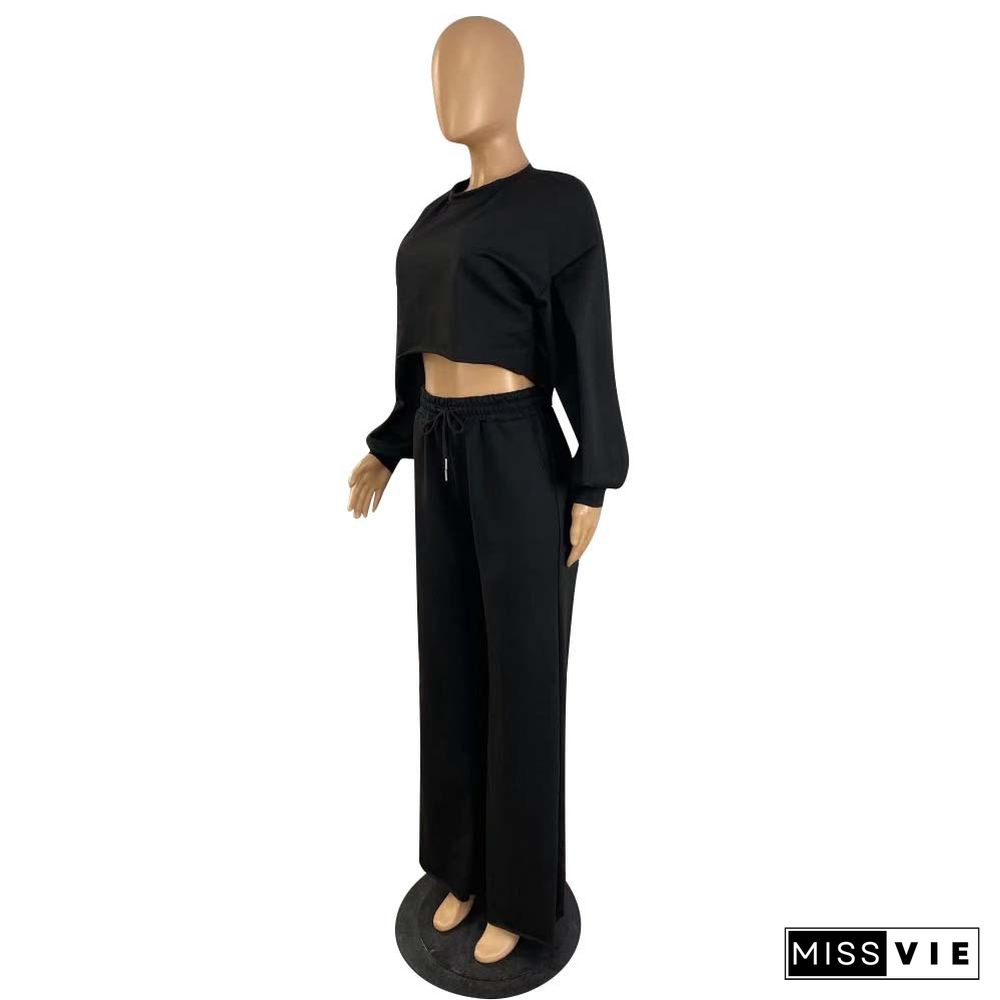 Long Sleeve Crop Top Drawstring Wide Leg Pants Set