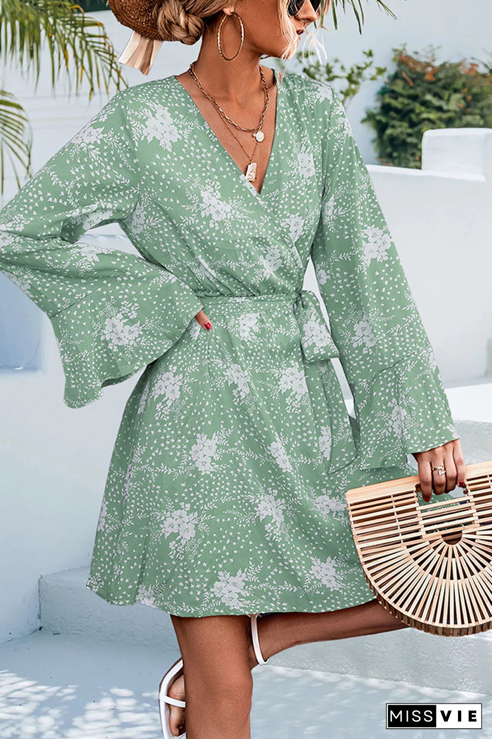 V Neck Wrap Flare Sleeves Floral Print Dress