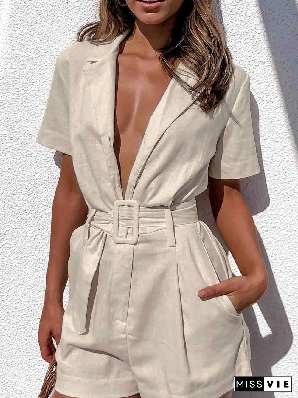 Suit Collar Short Sleeve Shorts Jumpsuit