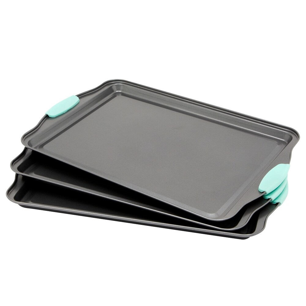 Set of 3 Nonstick Cookie Sheets for Baking  Bakeware Pans with Silicone Rubber Handles (10 x 14 Inches)