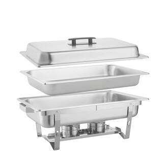 FUNKOL 9 Qt. Grip Foldable Frame Silver Rectangular Full Size Stainless Steel Buffet Plates for Parties Restaurants  4-Piece LML-94870