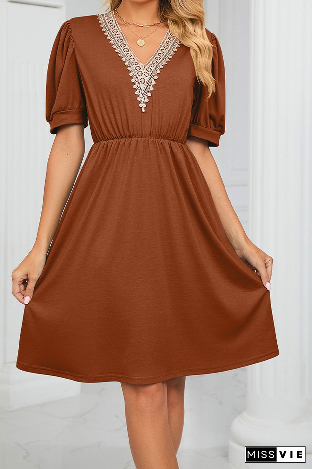 V Neck Lace Edge Pockets T-Shirt Dress