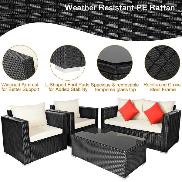 Gymax 4PCS Rattan Patio Conversation Set Outdoor Furniture Set w/