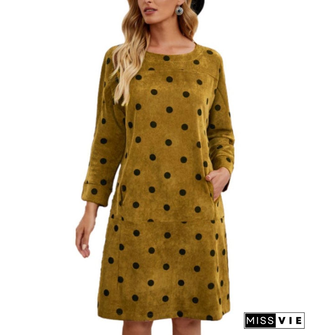 Corduroy Polka Dot Print Pocket Dress