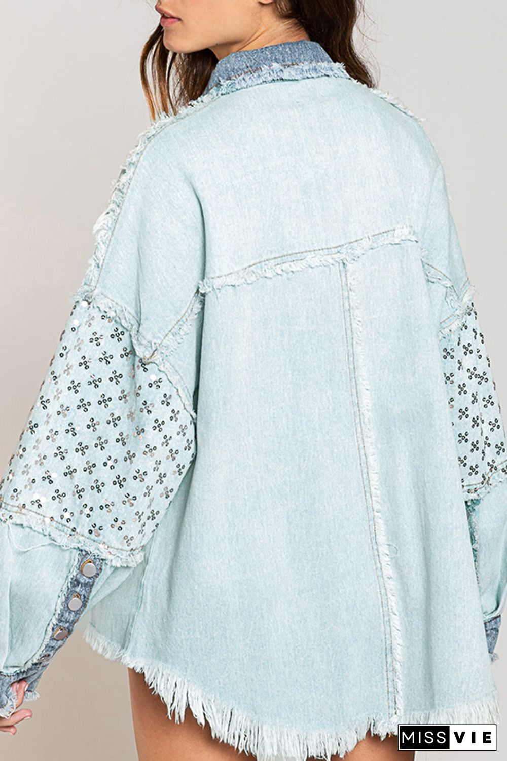 Washed Sequin Raw Trim Open Front Button Denim Jackets