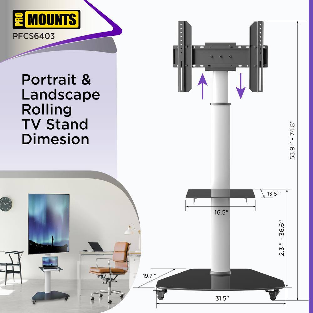 ProMounts Rolling TV Floor Stand Mount For 32-80 In. Height Adjustable Portrait to Landscape TV Cart PFCS6403