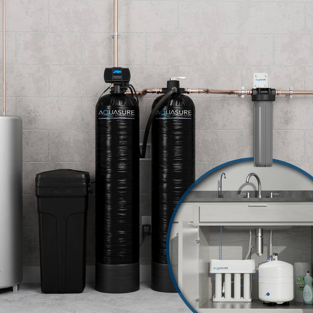 AQUASURE Signature Series Complete Whole House Water Filtration System with Fine Mesh Resin - 48000 Grains AS-SE1000FM