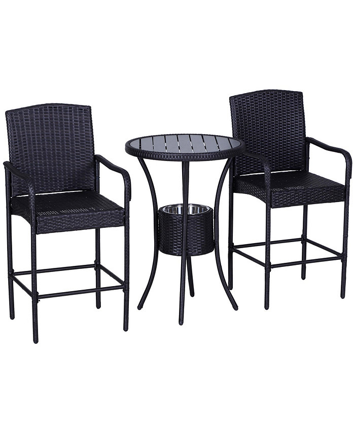 Outsunny Rattan Wicker Bar Set for 3 PCS with Ice Buckets Patio Furniture with 1 Bar Table and 2 Bar Stools for Poolside Backyard Porches